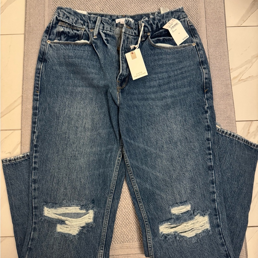 Good American Blue Distressed Boyfriend Jeans